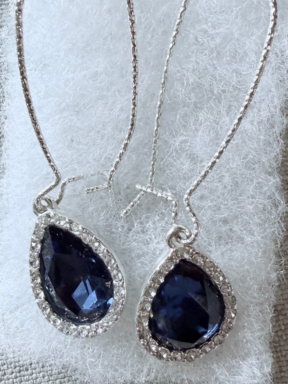 Silver-tone Drop Earrings with Deep Blue Teardrop Stones NWOT